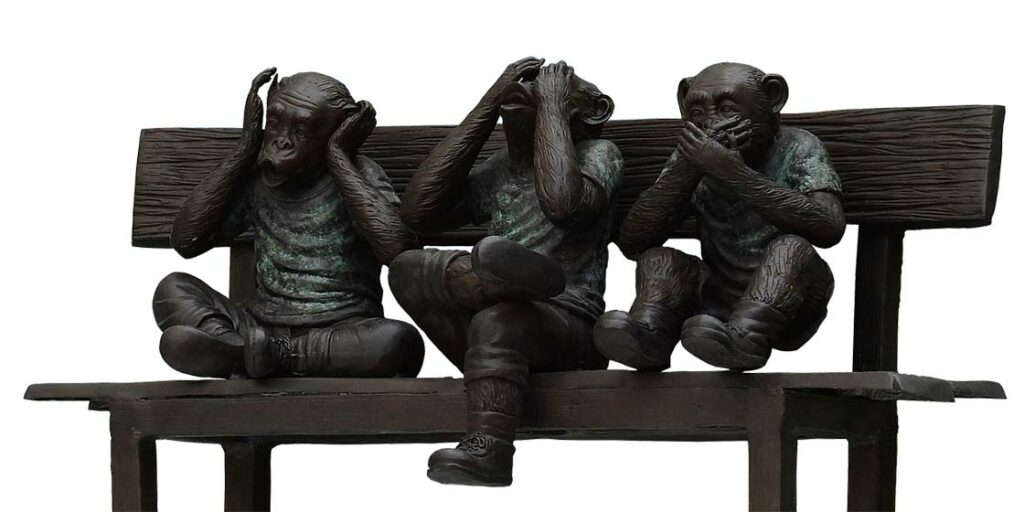 Drei Affen, nicht sehen, nicht sprechen, nicht reden. Supervisorin Frankfurt. Supervision Frankfurt.
